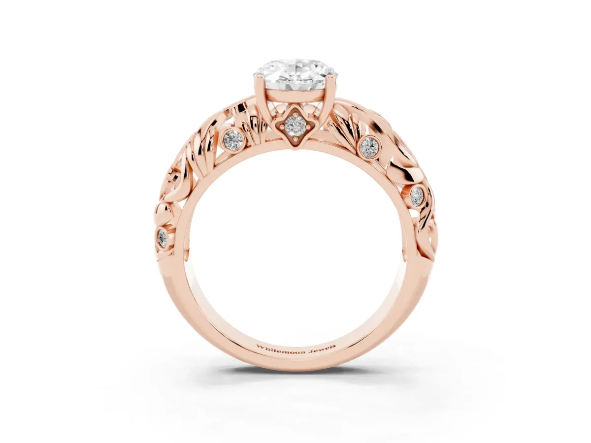 Oval Cut Solitaire Diamond Leaf-Inspired Vine Band Ring with Prong Setting Rose gold