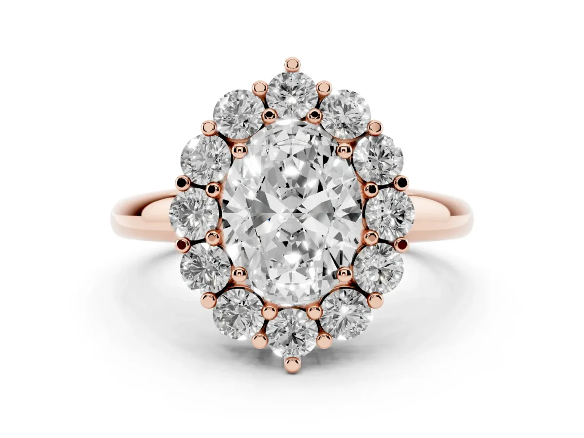 Oval Cut Halo Cluster Diamond Engagement Ring with Prong Setting and Polished Band Rose gold