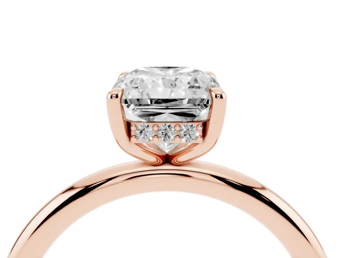 Radiant Cut Diamond Solitaire Ring with Thin Band and Four-Prong Setting Rose gold