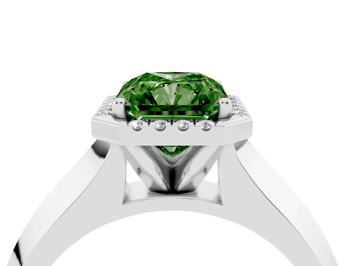 Fancy Green Radiant Cut Halo Diamond Ring with Cathedral Band and Four-Prong Setting White gold