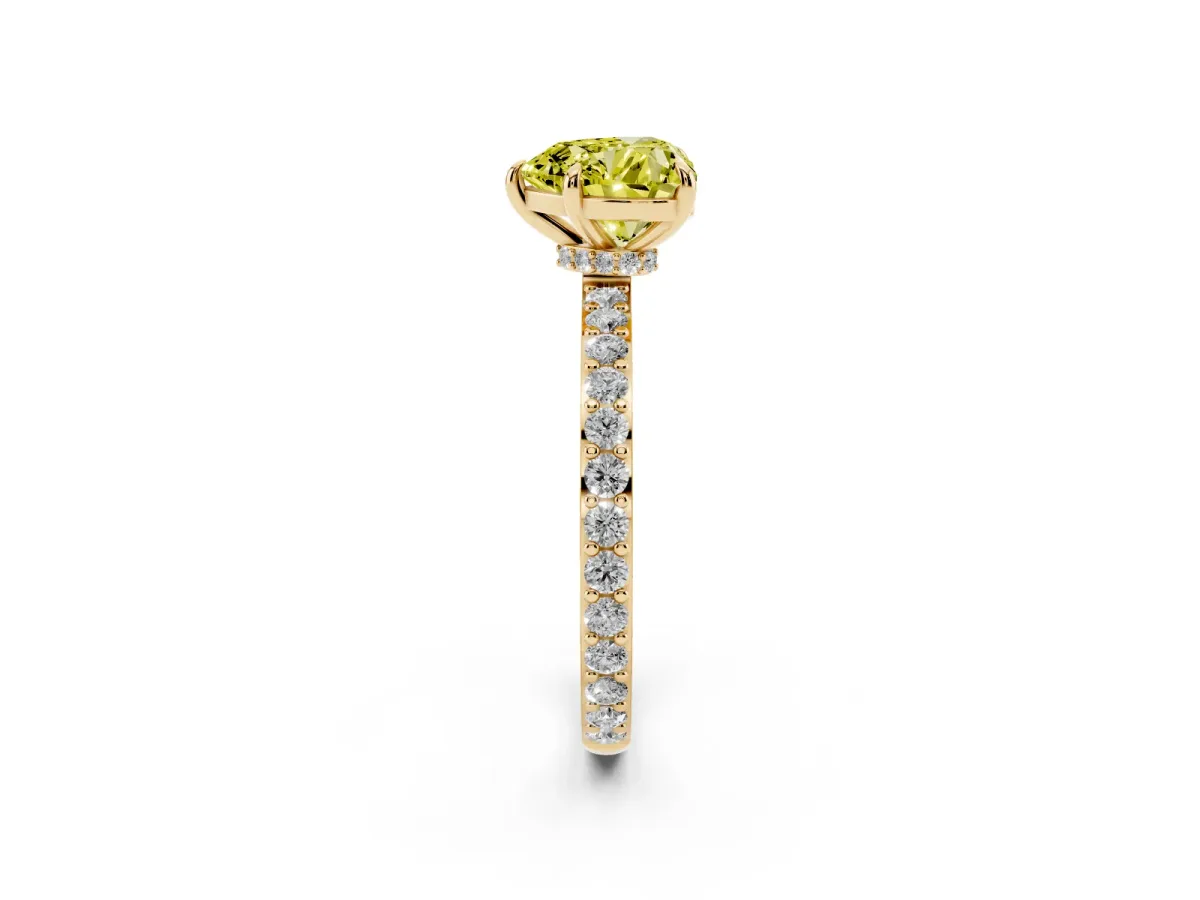 Fancy Yellow Heart Cut Diamond Pavé Engagement Ring with Round Accents and Prong Setting Yellow gold