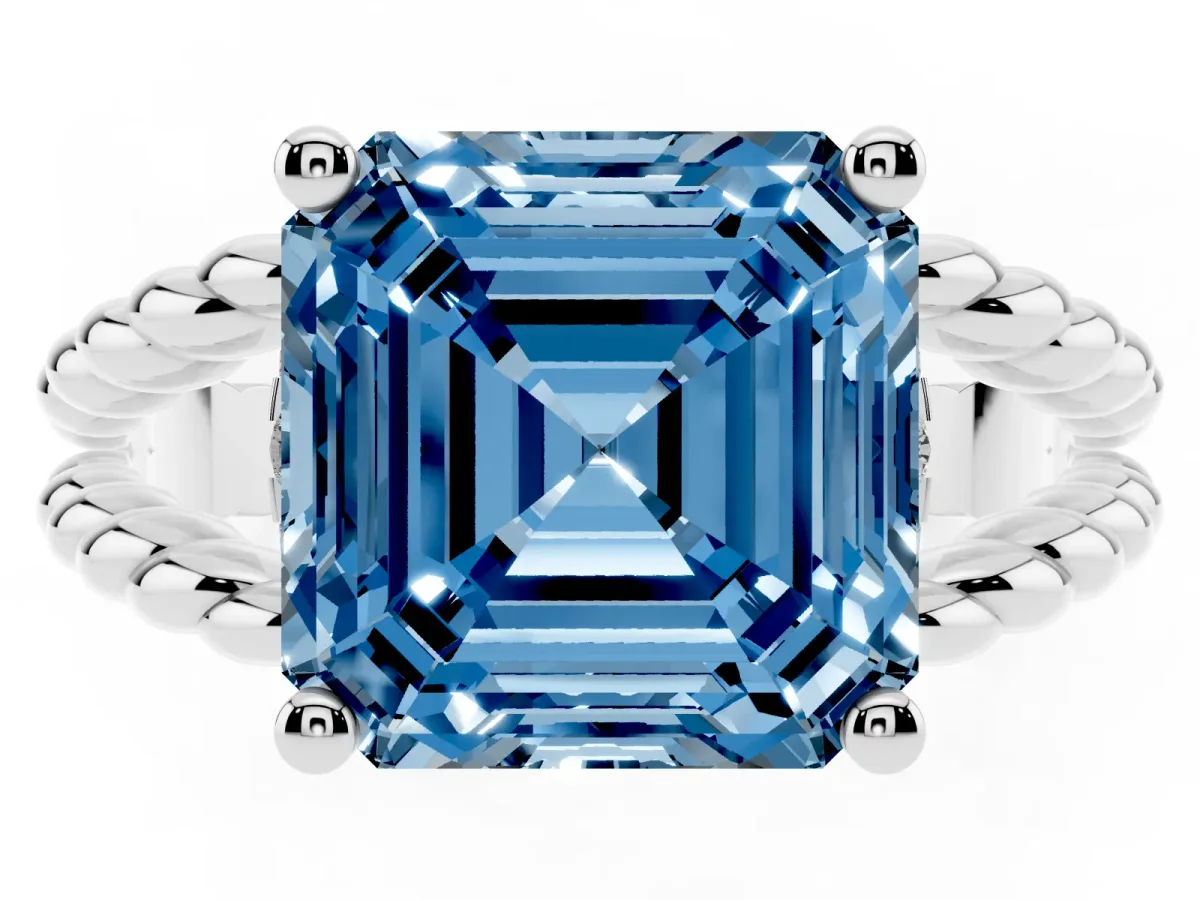 Fancy Blue Asscher Cut Halo Twisted Band Four-Prong Ring Silver