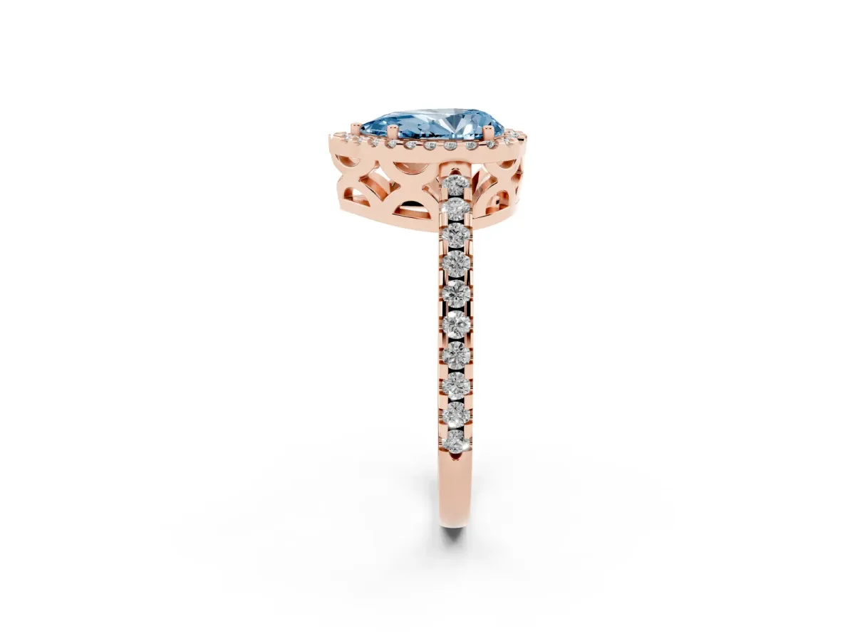 Fancy Blue Pear Cut Diamond Halo Engagement Ring with Pavé Band and Prong Setting Rose gold