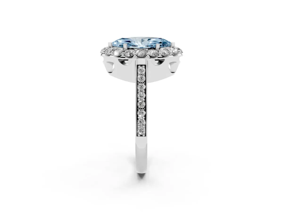 Fancy Blue Marquise Cut Diamond Floral Halo Ring with Pavé Band and Prong Setting White gold