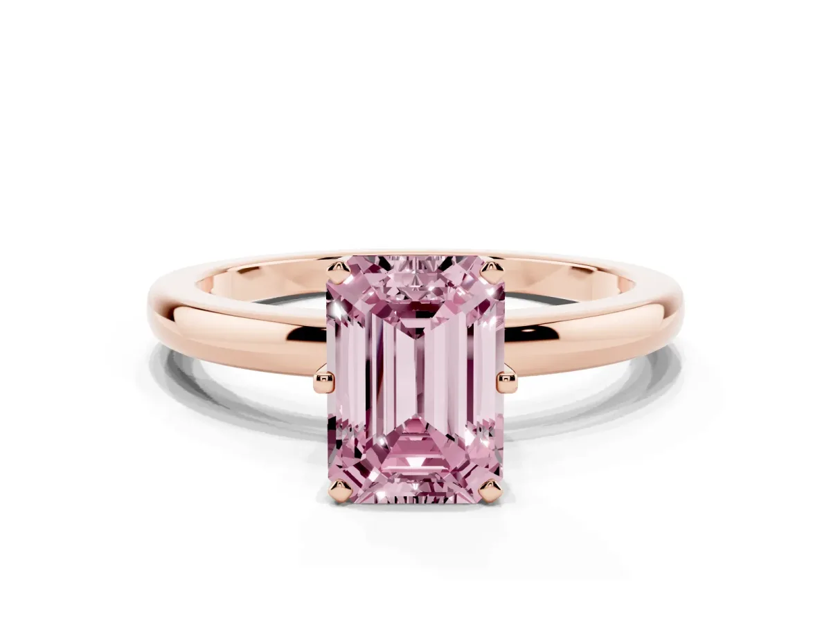 Fancy Pink Emerald Cut Solitaire Diamond Ring with Six-Prong Setting on a Classic Band Rose gold