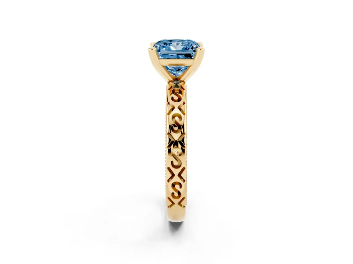 Fancy Blue Princess Cut Solitaire Engagement Ring with Scrollwork Band and Four-Prong Setting Yellow gold