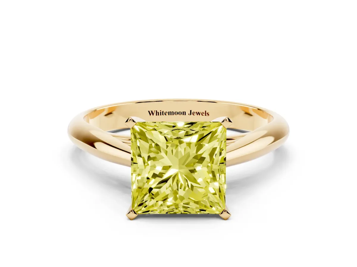 Fancy Yellow Princess Cut Diamond Solitaire Engagement Ring with Cathedral Setting and Four-Prong Mount Yellow gold