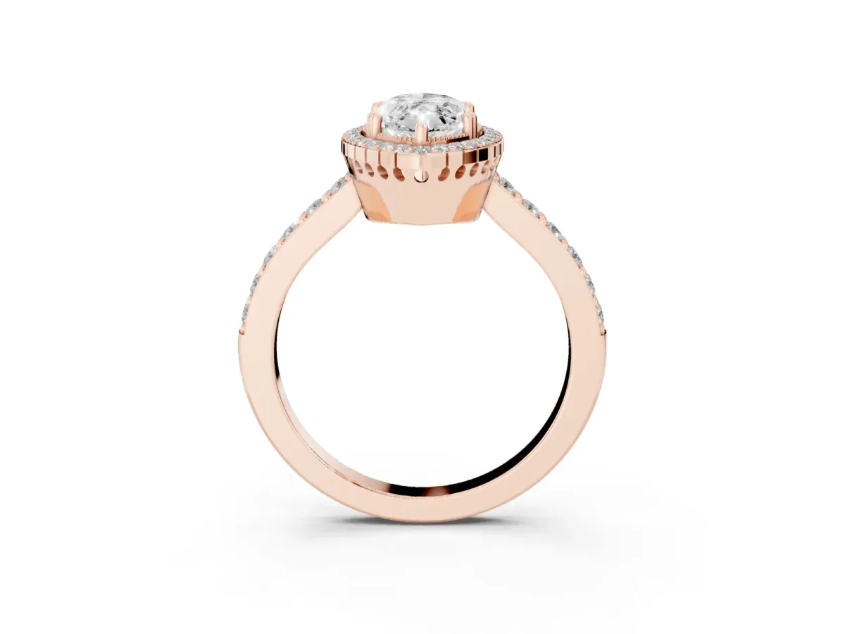 Marquise Cut Cut Diamond Halo Engagement Ring with Milgrain Detail and Pavé Band Rose gold