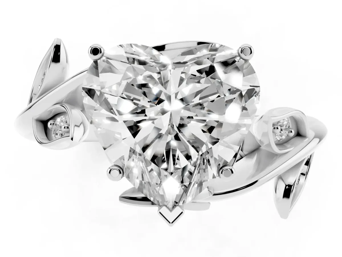 Heart Cut Solitaire Twist Engagement Ring with Leaf Accents and Prong Setting Silver