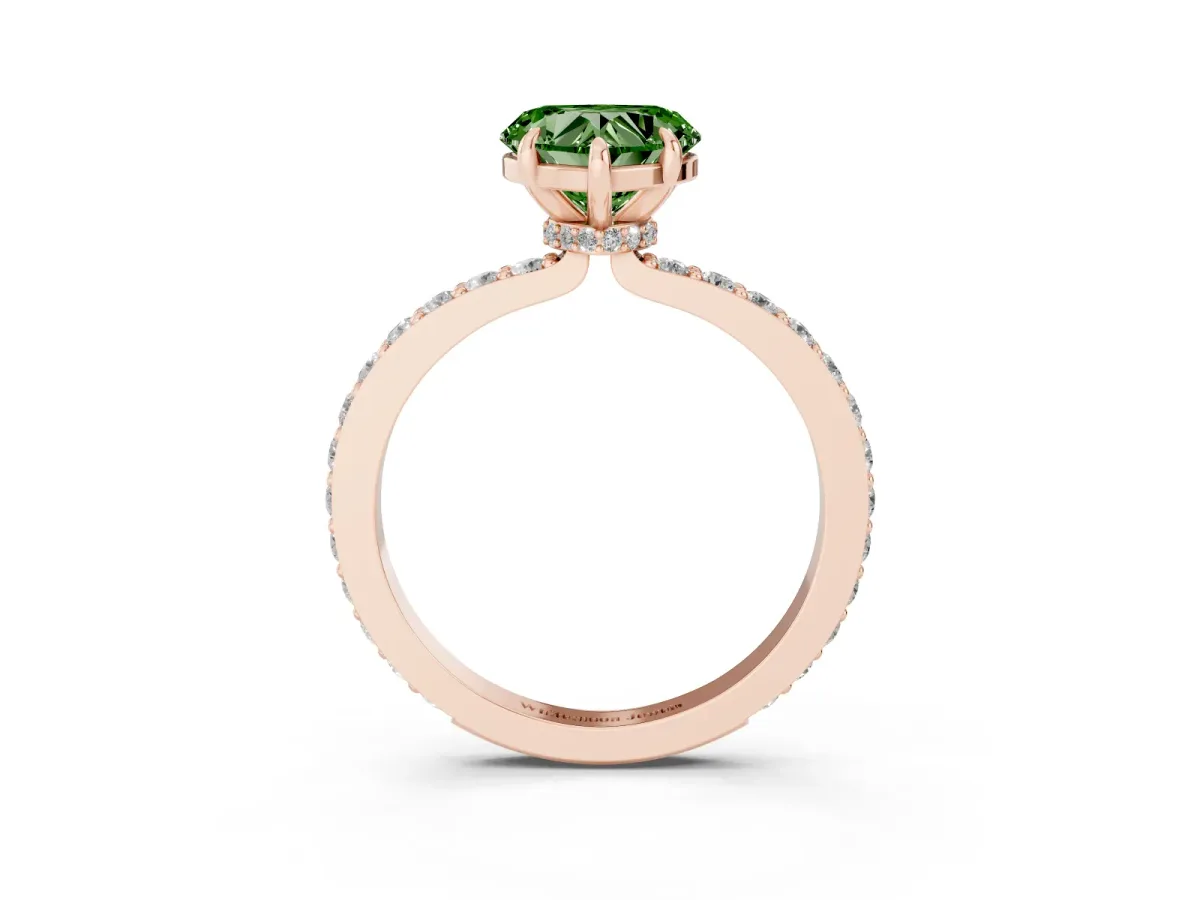 Fancy Green Heart Cut Diamond Pavé Engagement Ring with Round Accents and Prong Setting Rose gold