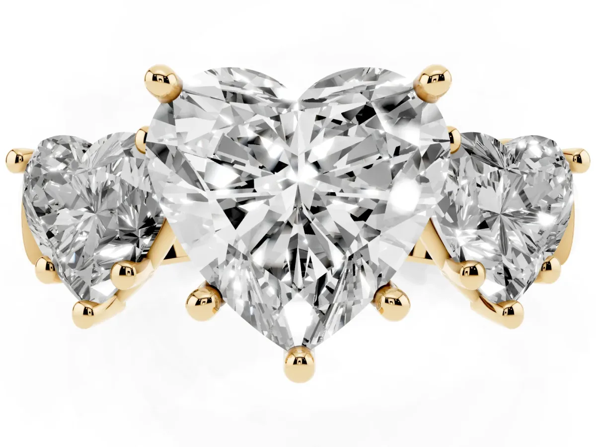 Three-Stone Heart Cut Brilliant Diamond Trellis Ring with Comfort Fit Band Yellow gold