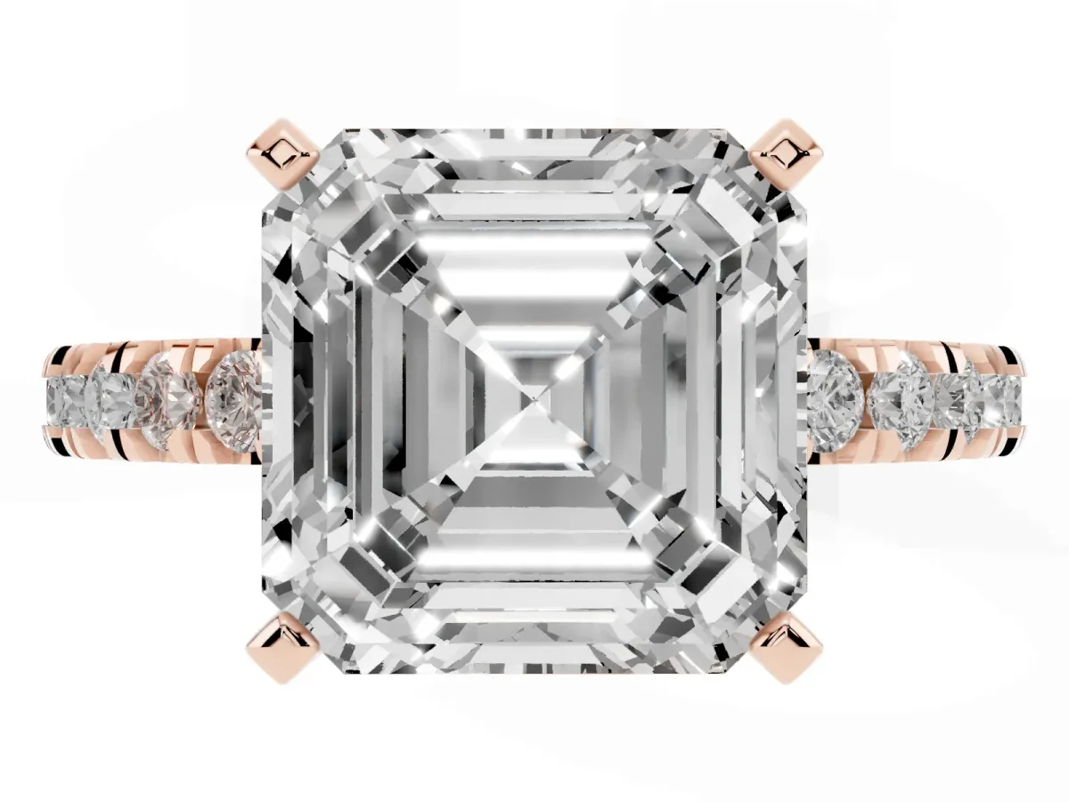 Asscher Cut Diamond Pavé Band Solitaire with Four-Prong Setting Rose gold