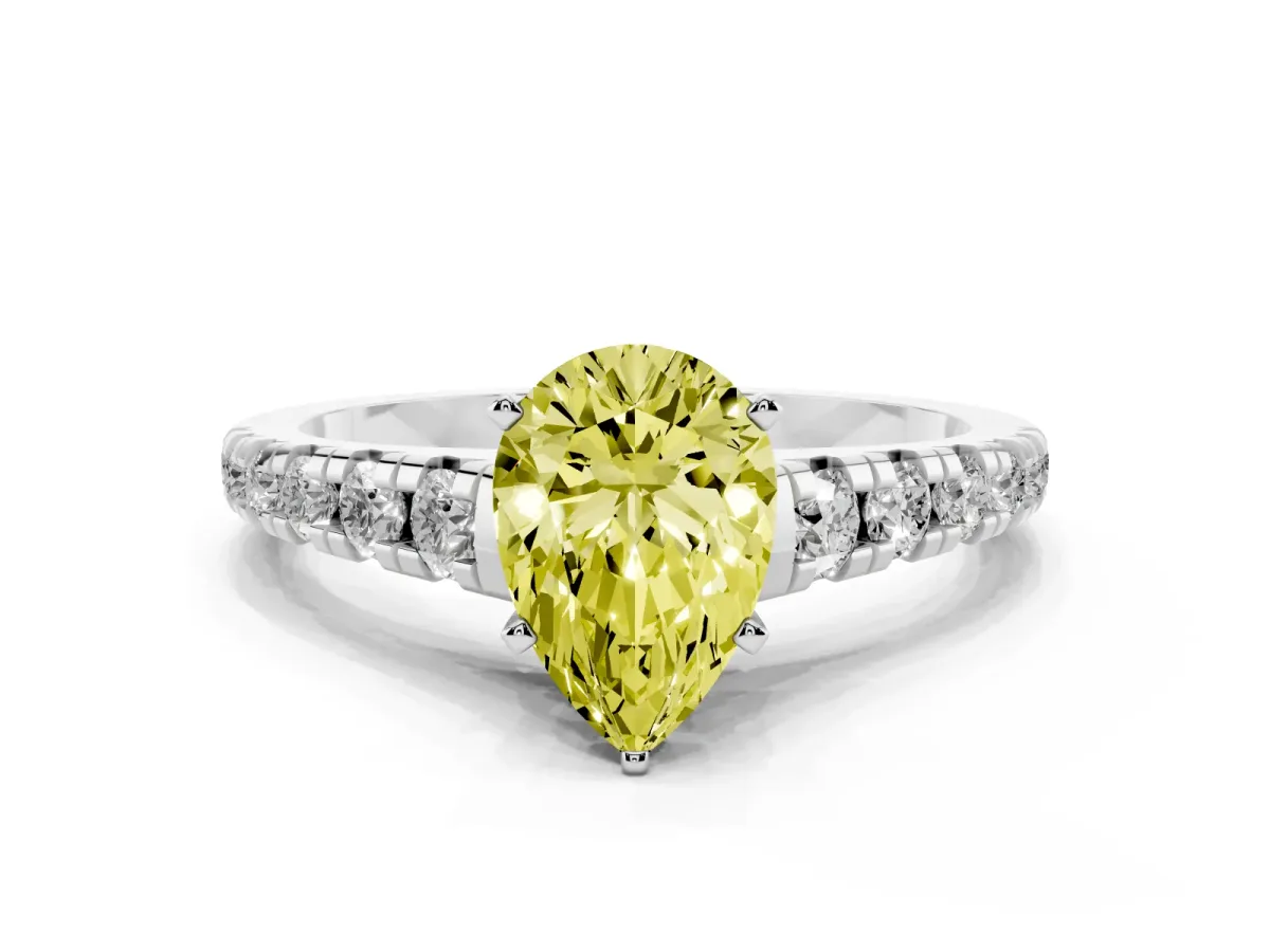 Fancy Yellow Pear Cut Diamond Cathedral Solitaire Ring with Round Pavé Band Silver