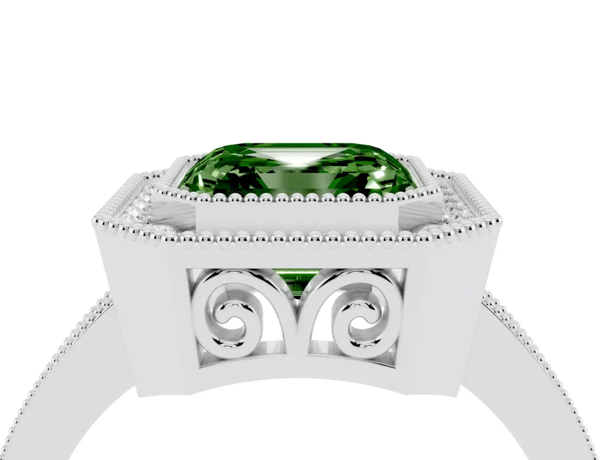 Fancy Green Asscher Cut Cut Halo Diamond Ring with Pavé Band and Milgrain Prong Setting Silver