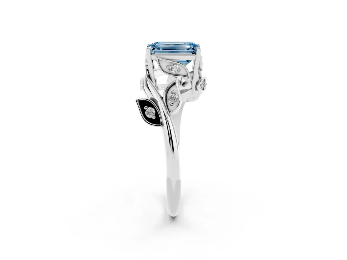 Fancy Blue Emerald Cut Solitaire Twist Engagement Ring with Leaf Accents and Prong Setting Silver