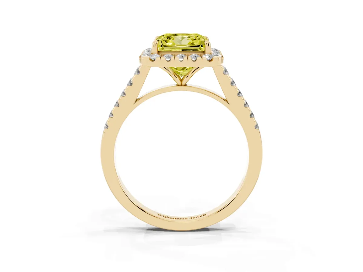 Fancy Yellow Princess Cut Halo Pave Diamond Engagement Ring with Four-Prong Setting Yellow gold