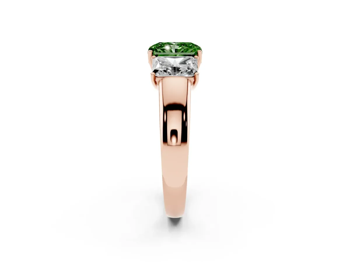 Fancy Green Three-Stone Radiant Cut Cut Diamond Ring with Prong Setting and Classic Band Rose gold