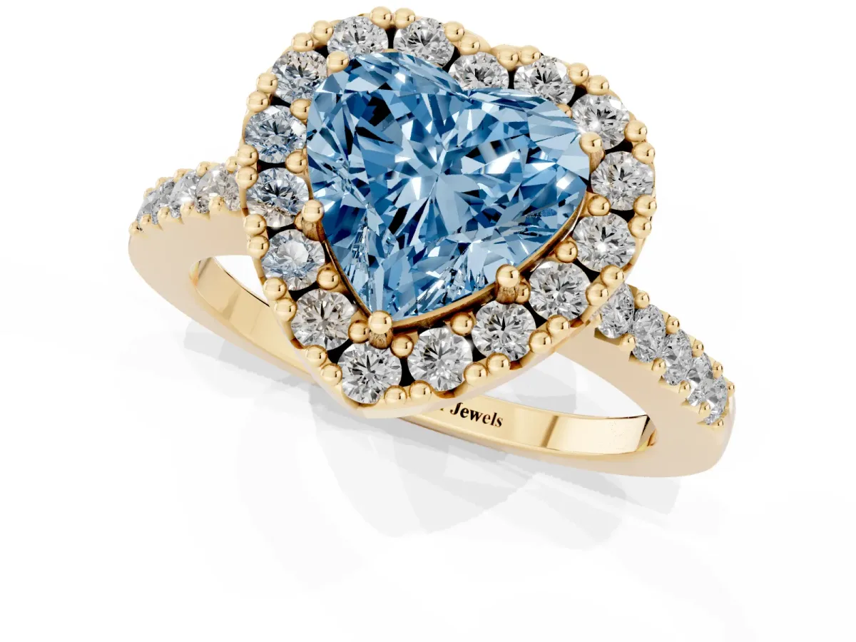 Fancy Blue Heart Cut Halo Diamond Pavé Solitaire Ring Yellow gold