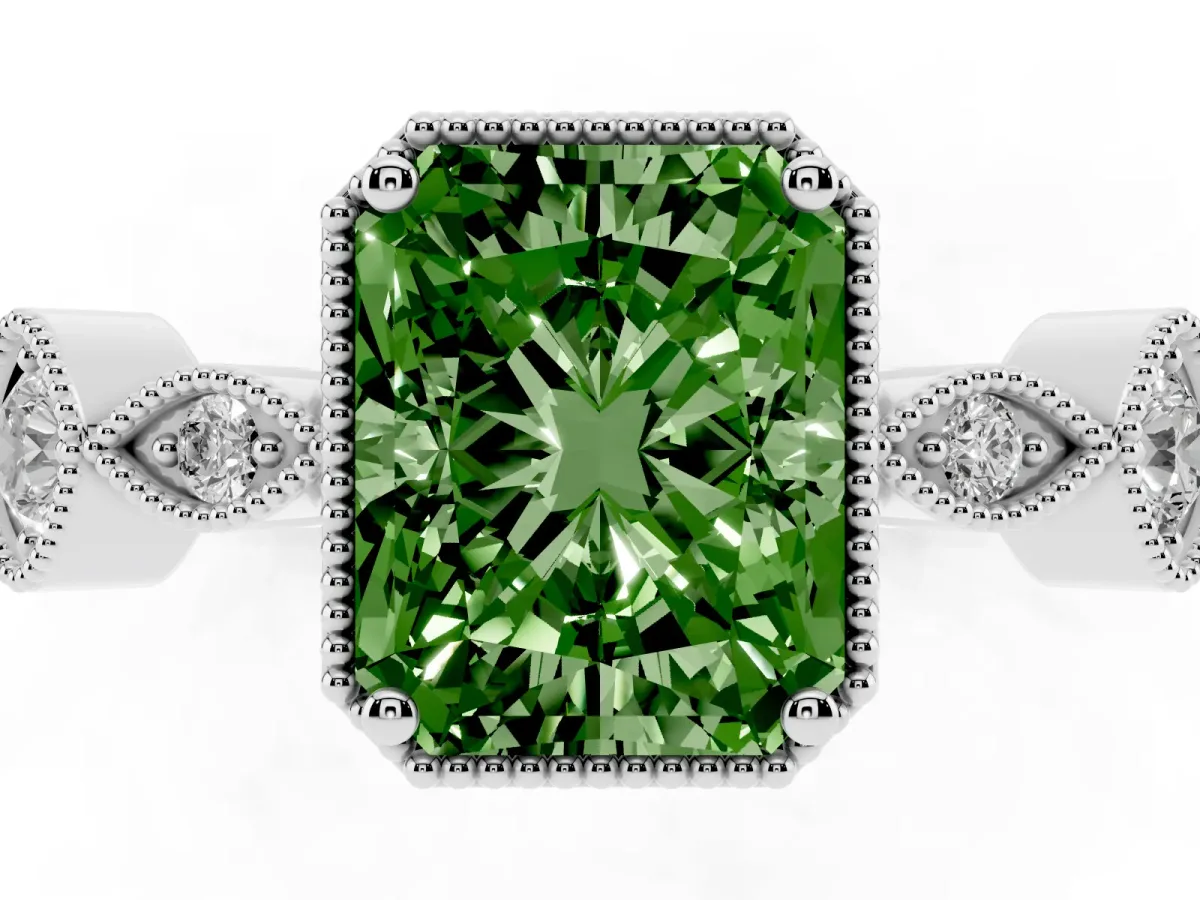 Fancy Green Radiant Cut Diamond Vintage Milgrain Ring with Round Stations Silver