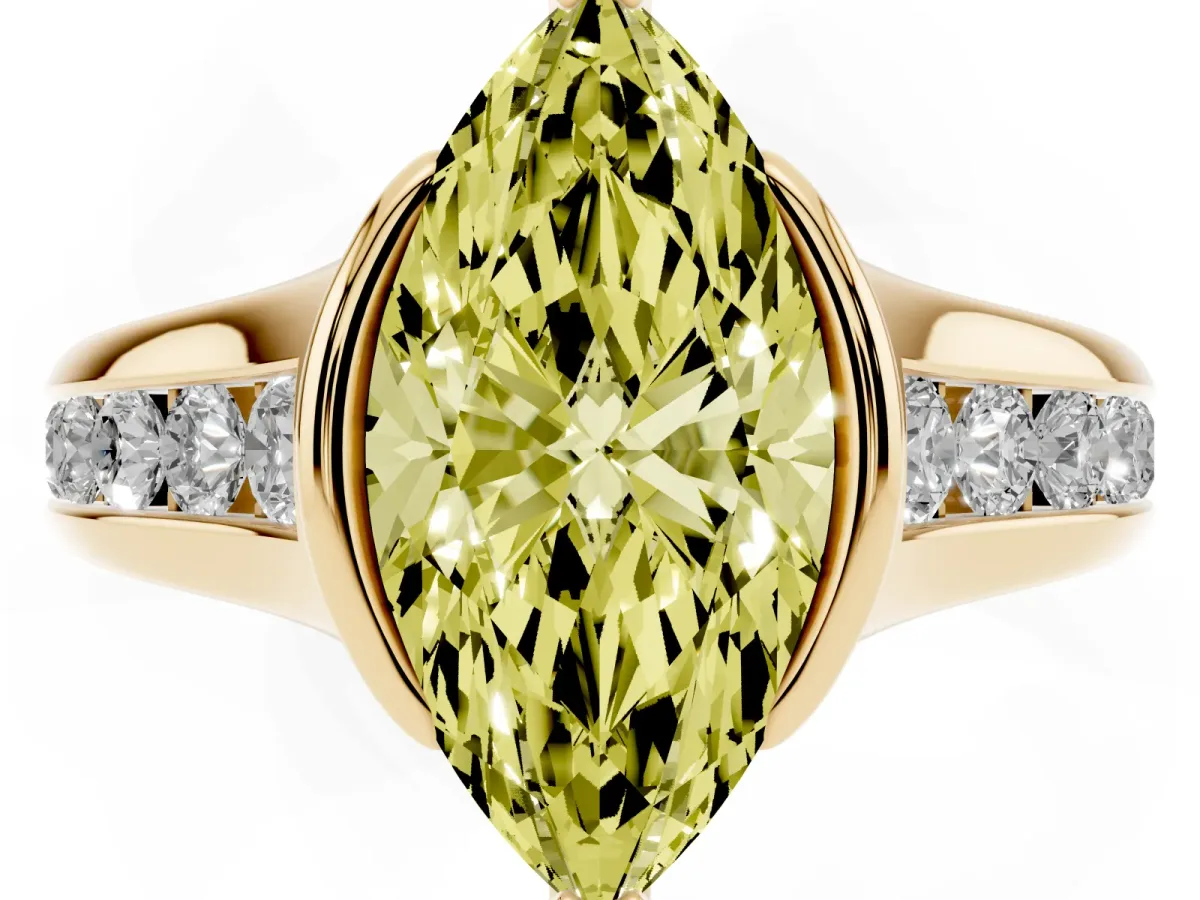 Fancy Yellow Marquise Cut Solitaire Bezel-Set Diamond Ring with Channel-Set Band Yellow gold