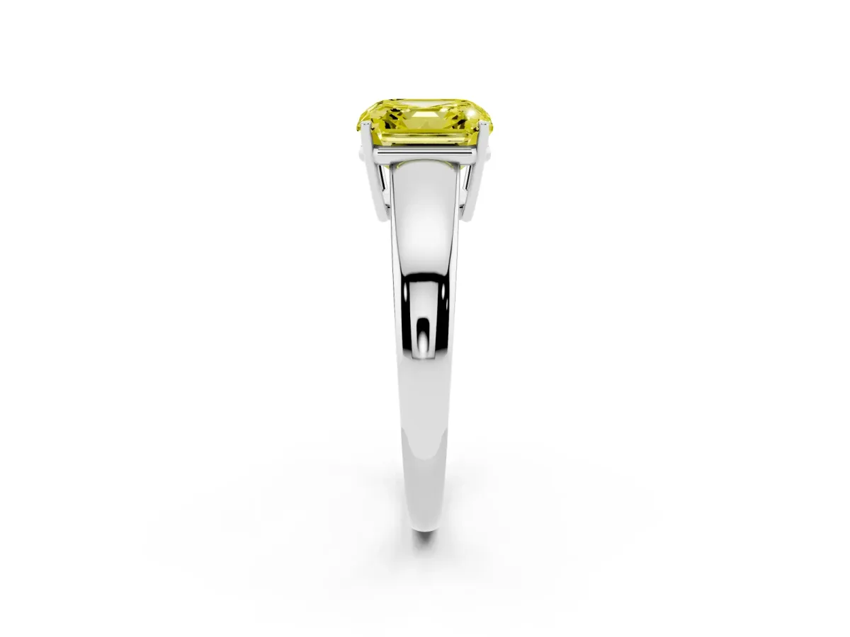 Fancy Yellow Asscher Cut Solitaire Diamond Ring with Tapered Band and Four-Prong Setting Silver