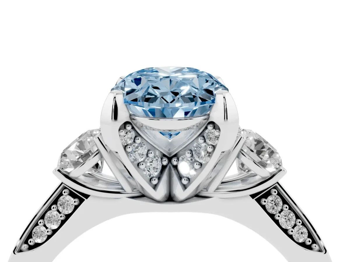 Fancy Blue Oval Cut Brilliant Three-Stone Diamond Ring with Pavé Band and Four-Prong Setting White gold