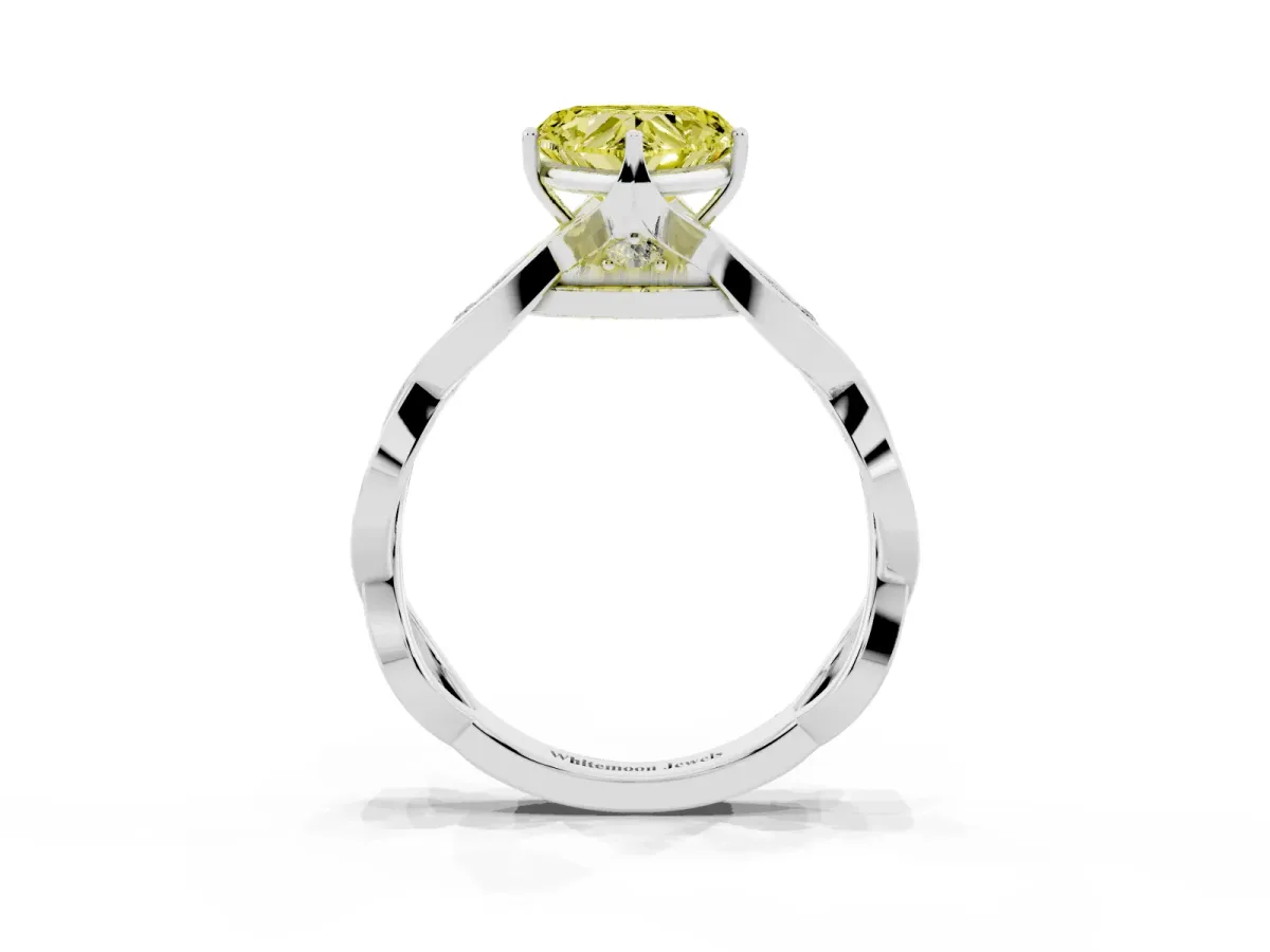 Fancy Yellow Heart Cut Solitaire Twist Band with Leaf Prong Setting White gold