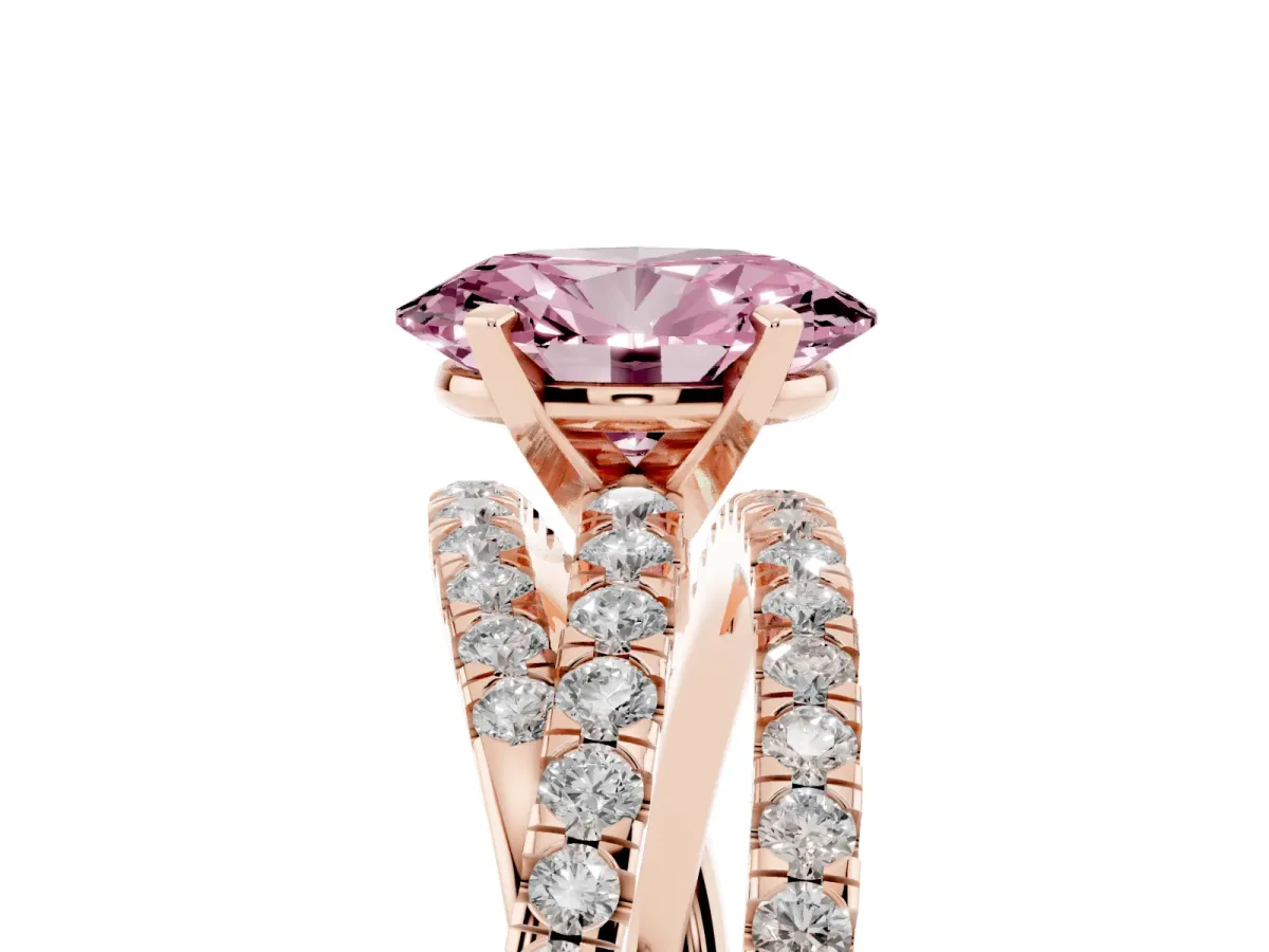 Fancy Pink Oval Cut Solitaire Twist Band with Pavé Setting and Four-Prong Setting Rose gold