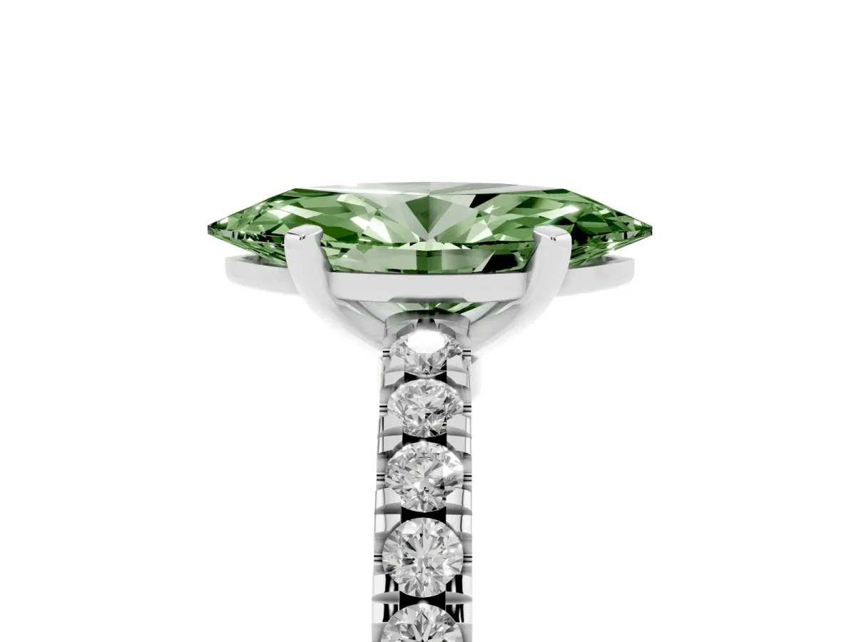 Fancy Green Marquise Cut Solitaire Diamond with Pavé Band and Four-Prong Setting White gold