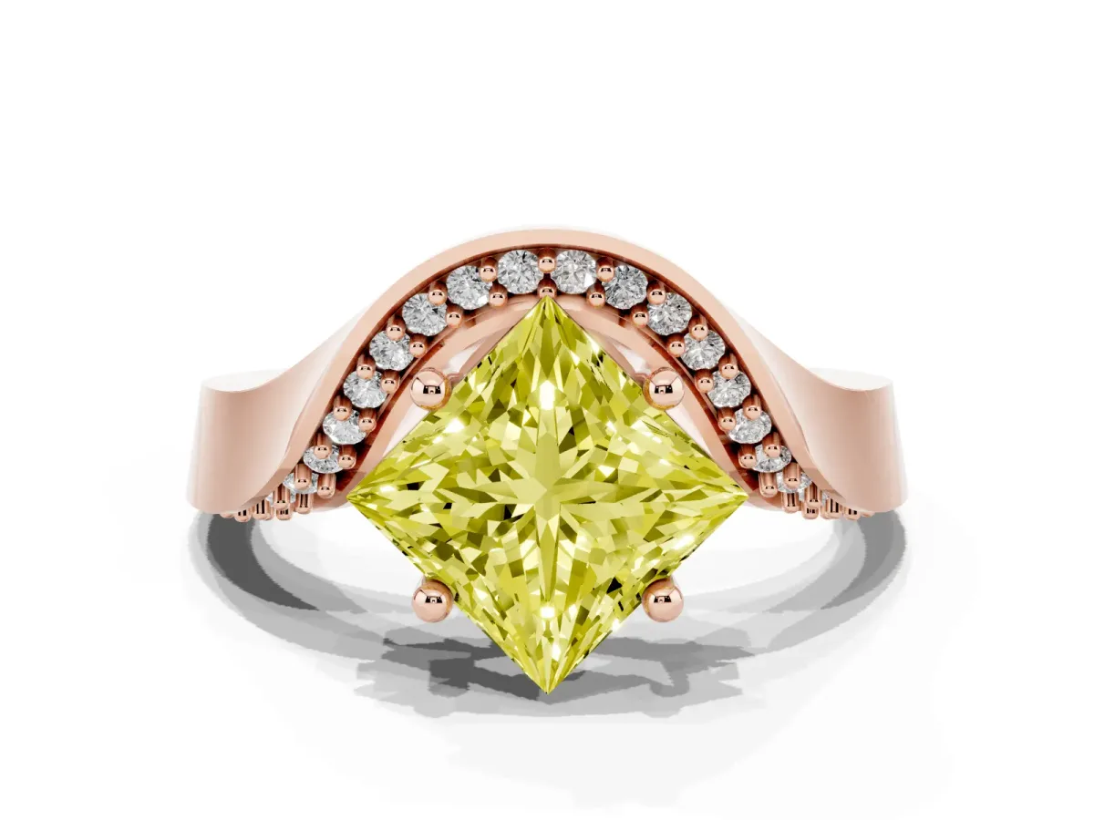 Fancy Yellow Princess Cut Solitaire Diamond Engagement Ring with Pave Band and Four-Prong Setting Rose gold