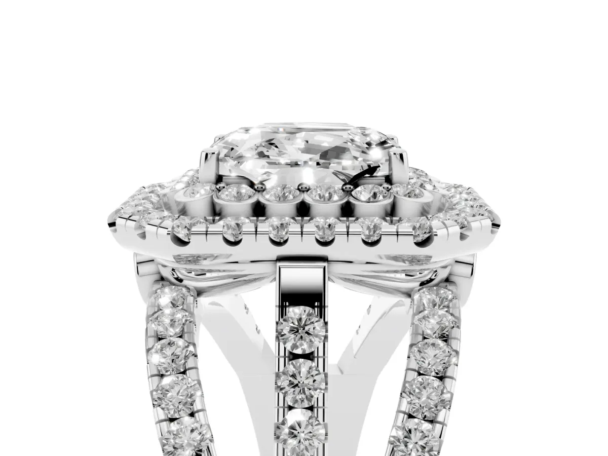 Emerald Cut Diamond Double Halo Ring with Round Pavé Split Shank and Prong Setting Platinum
