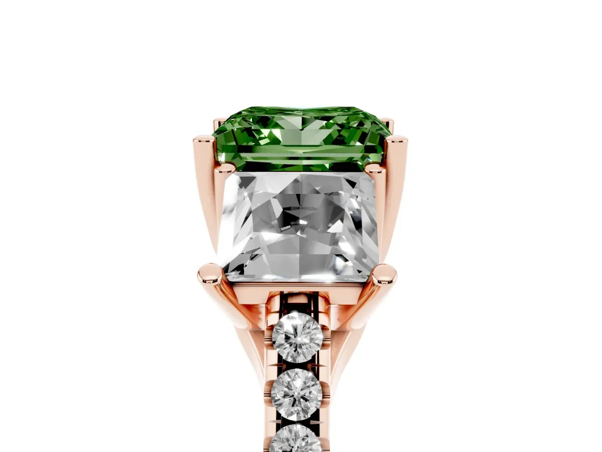 Fancy Green Three-Stone Princess Cut Diamond Ring with Round Pavé Band and Prong Setting Rose gold