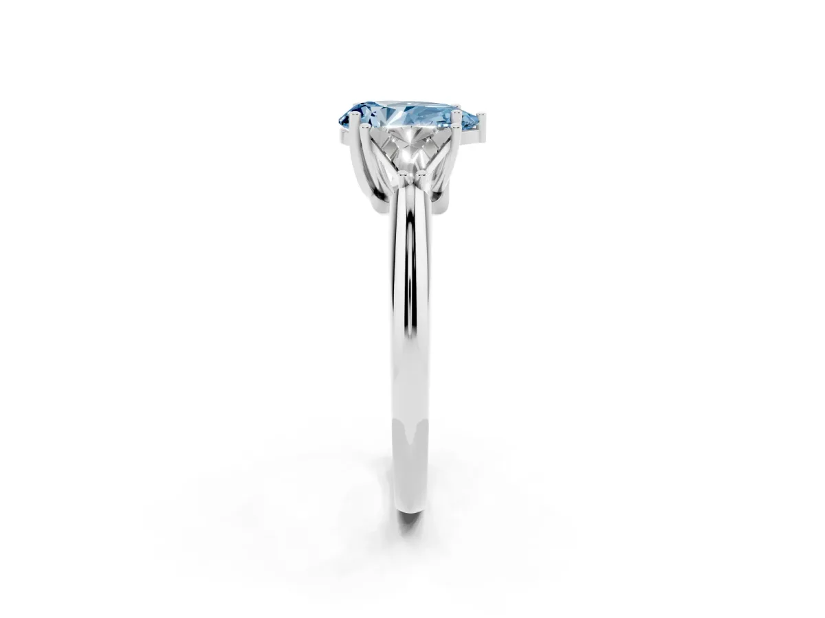 Fancy Blue Three-Stone Pear Cut Diamond Engagement Ring with Trillion Side Stones and Prong Setting Silver