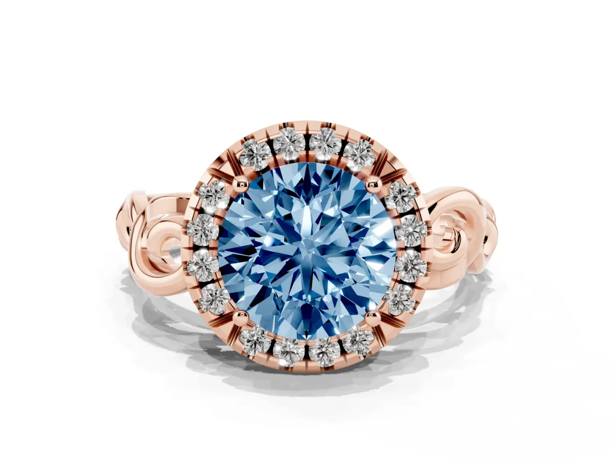 Fancy Blue Round Cut Cut Halo Diamond Ring with Scrollwork Band and Four-Prong Setting Rose gold