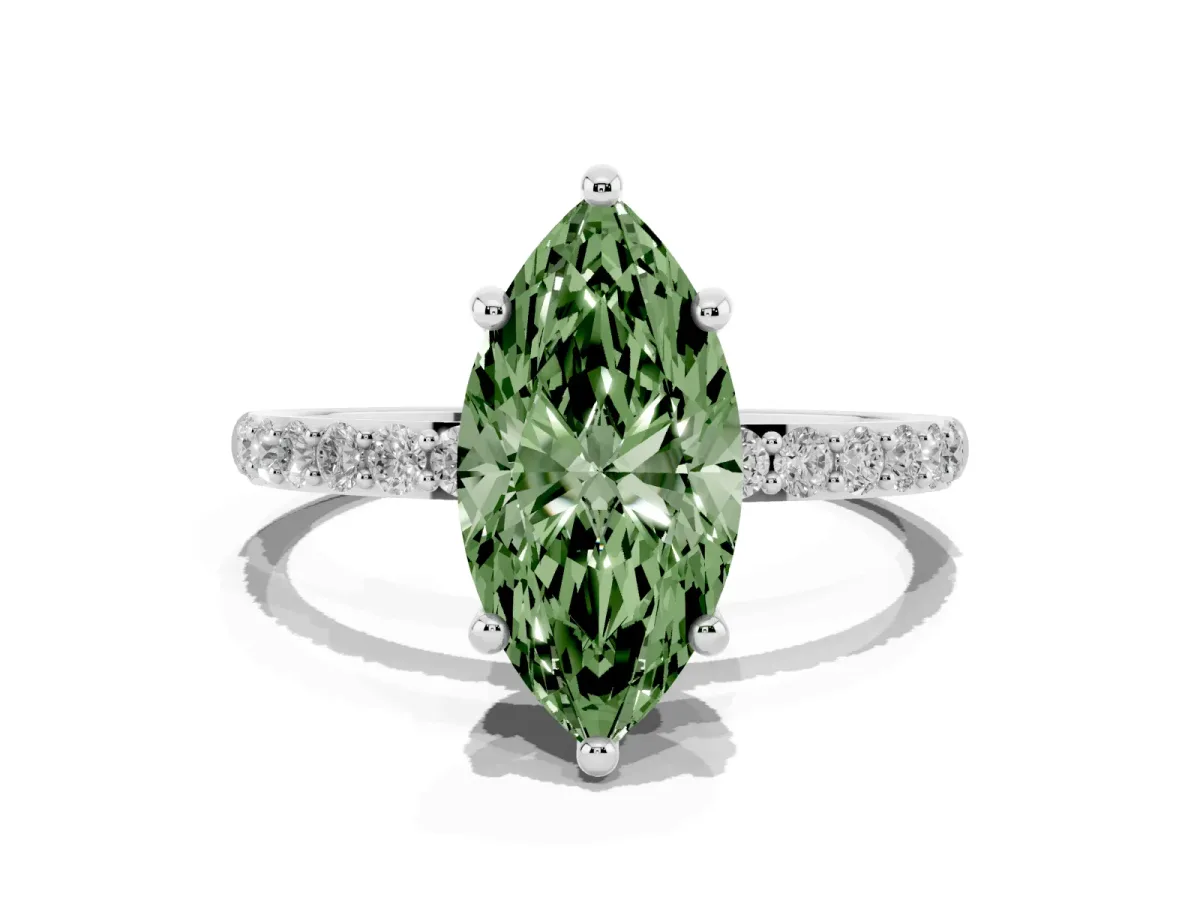 Fancy Green Marquise Cut Diamond Solitaire Ring with Round Pavé Band and Prong Setting Silver