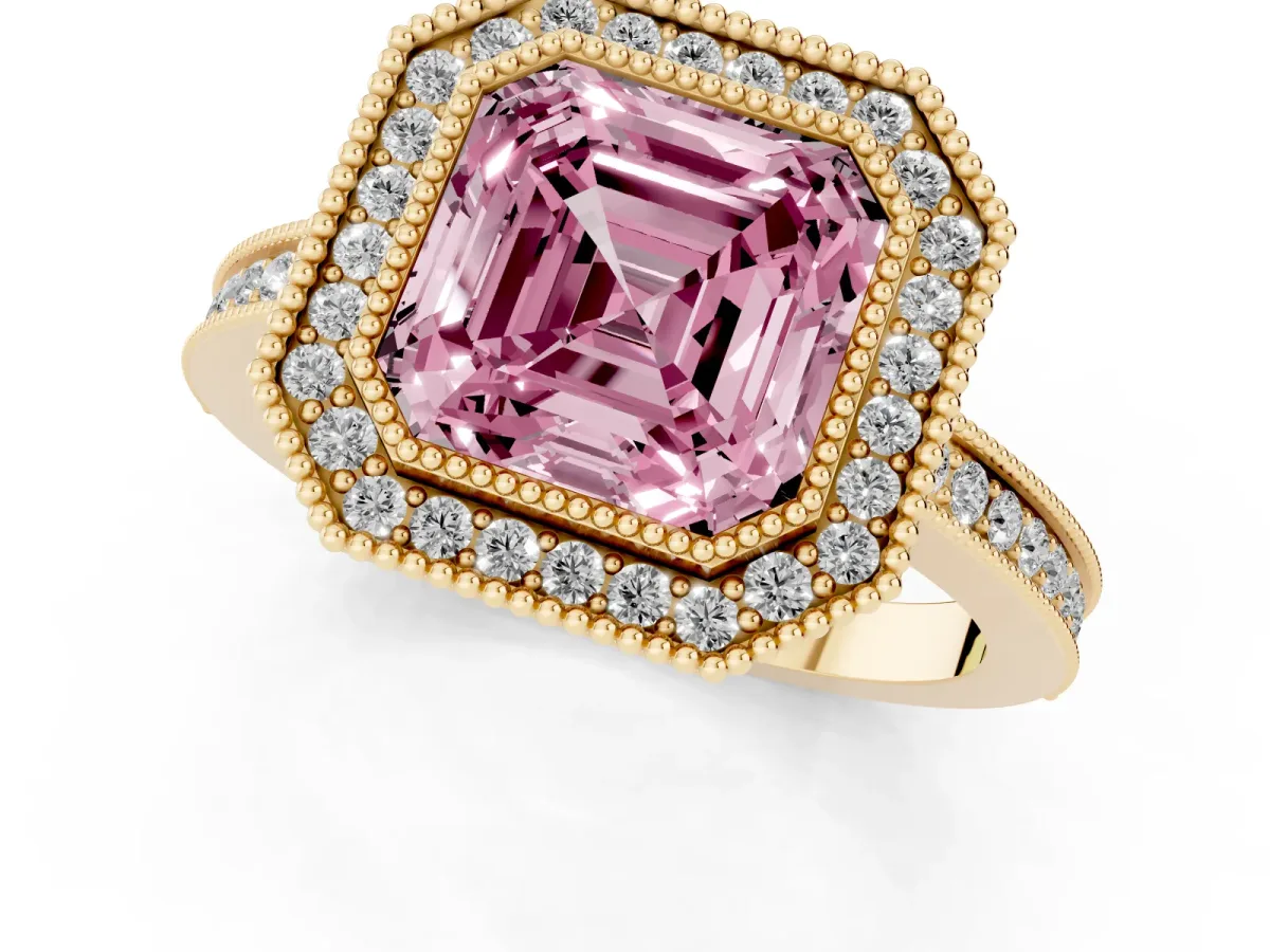 Fancy Pink Asscher Cut Cut Halo Diamond Ring with Pavé Band and Milgrain Prong Setting Yellow gold