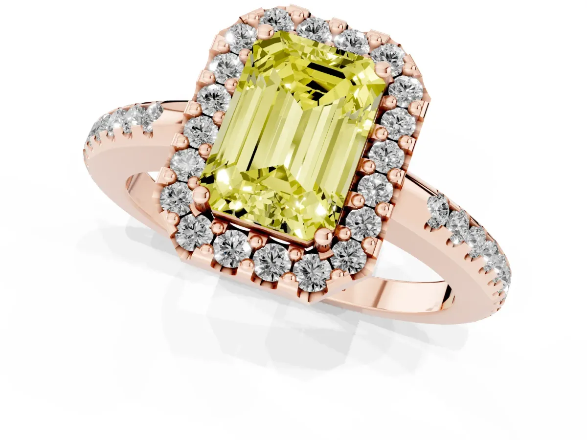 Fancy Yellow Emerald Cut Diamond Pavé Halo Ring with Four-Prong Setting Rose gold