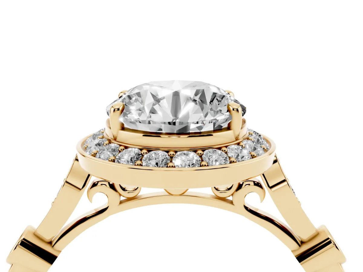 Round Cut Halo Diamond Engagement Ring with Twisted Band and Four-Prong Setting Yellow gold