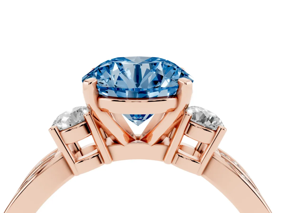 Fancy Blue Three-Stone Round Cut Cut Diamond Twist Band with Prong Setting Rose gold