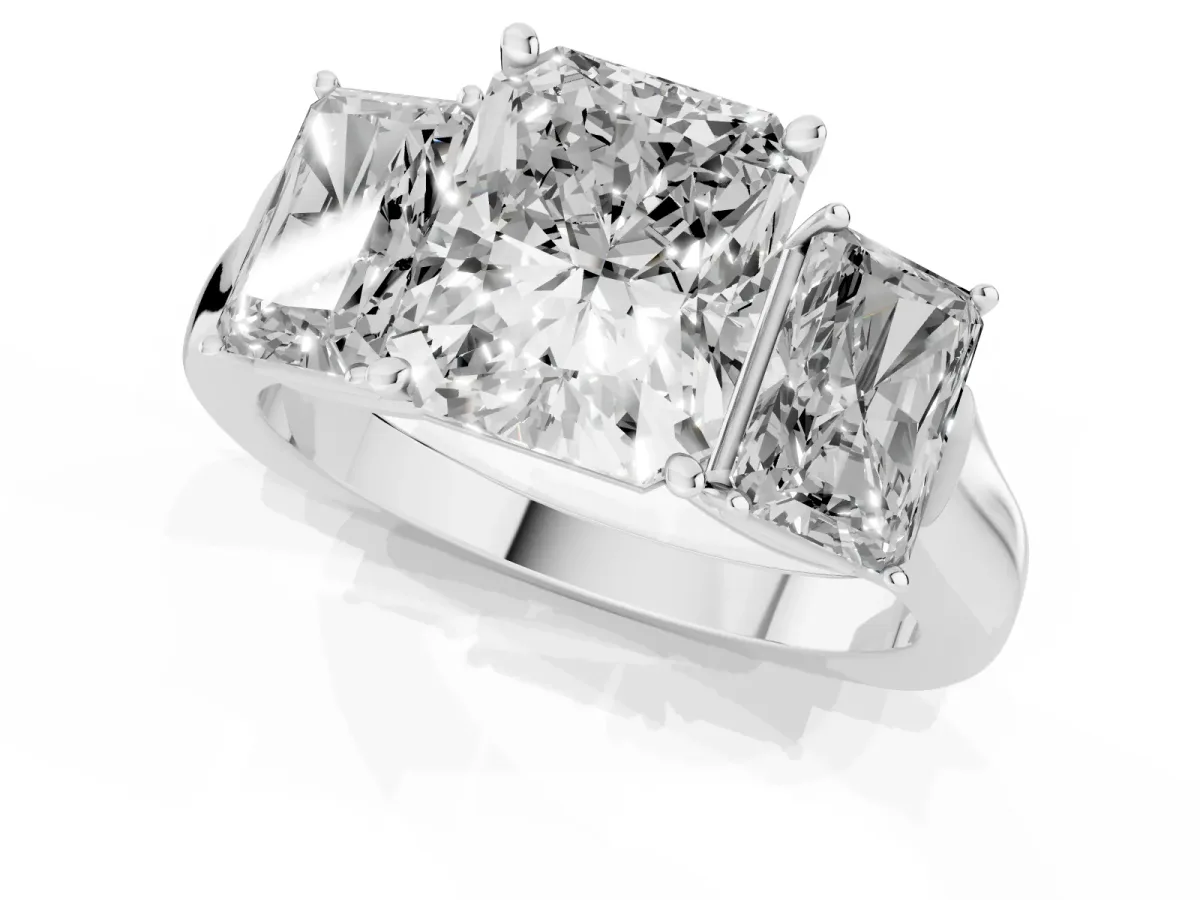 Three-Stone Radiant Cut Brilliant Diamond Trellis Ring with Comfort Fit Band Platinum