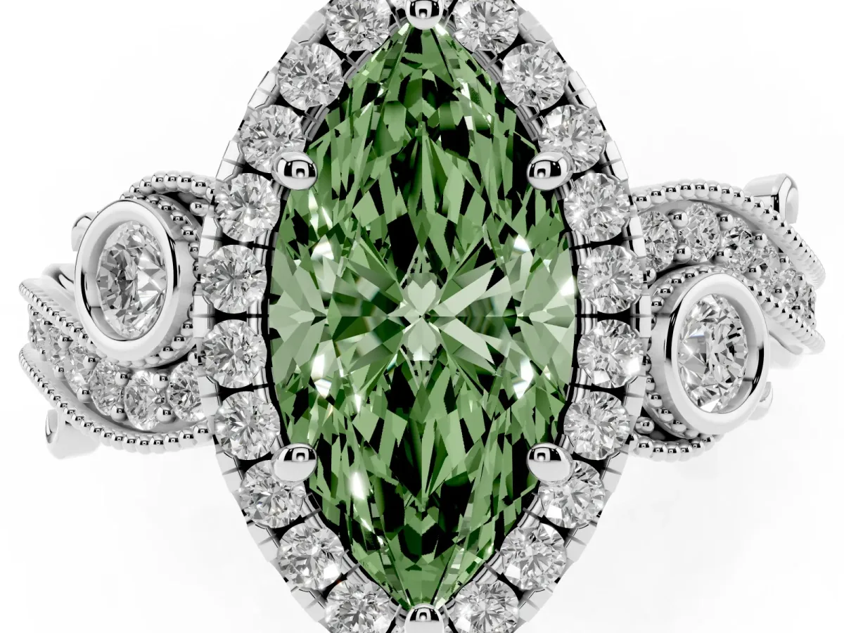 Fancy Green Marquise Cut Halo Diamond Ring with Milgrain and Bezel Accents on a Split Shank Band White gold