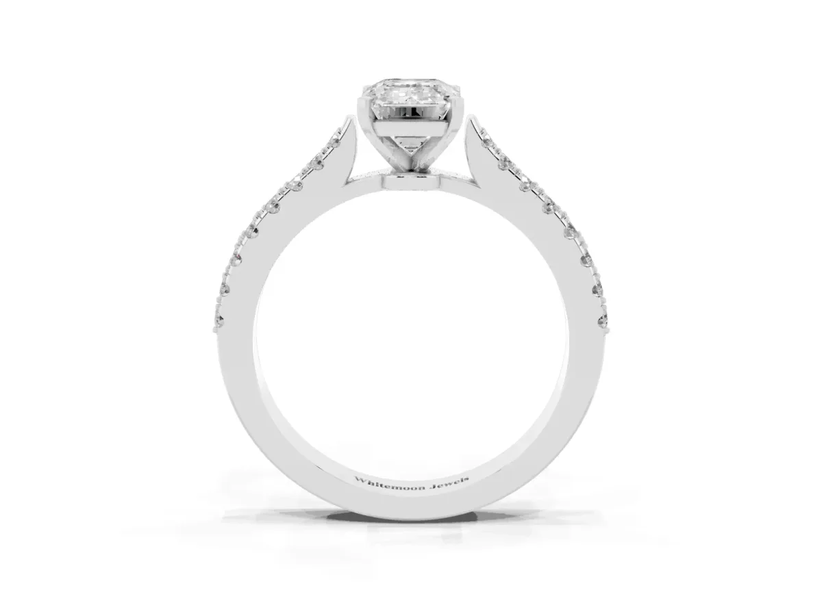 Emerald Cut Cut Solitaire Diamond Engagement Ring with Pave Band and Four-Prong Setting White gold