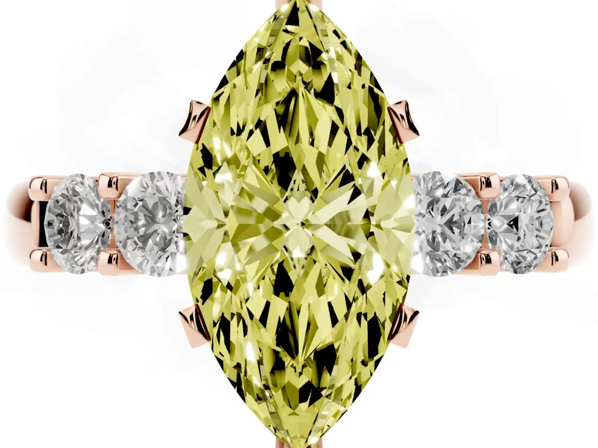 Fancy Yellow Marquise Cut Brilliant Cut Diamond Five-Stone Prong Set Engagement Ring with Channel Band Rose gold
