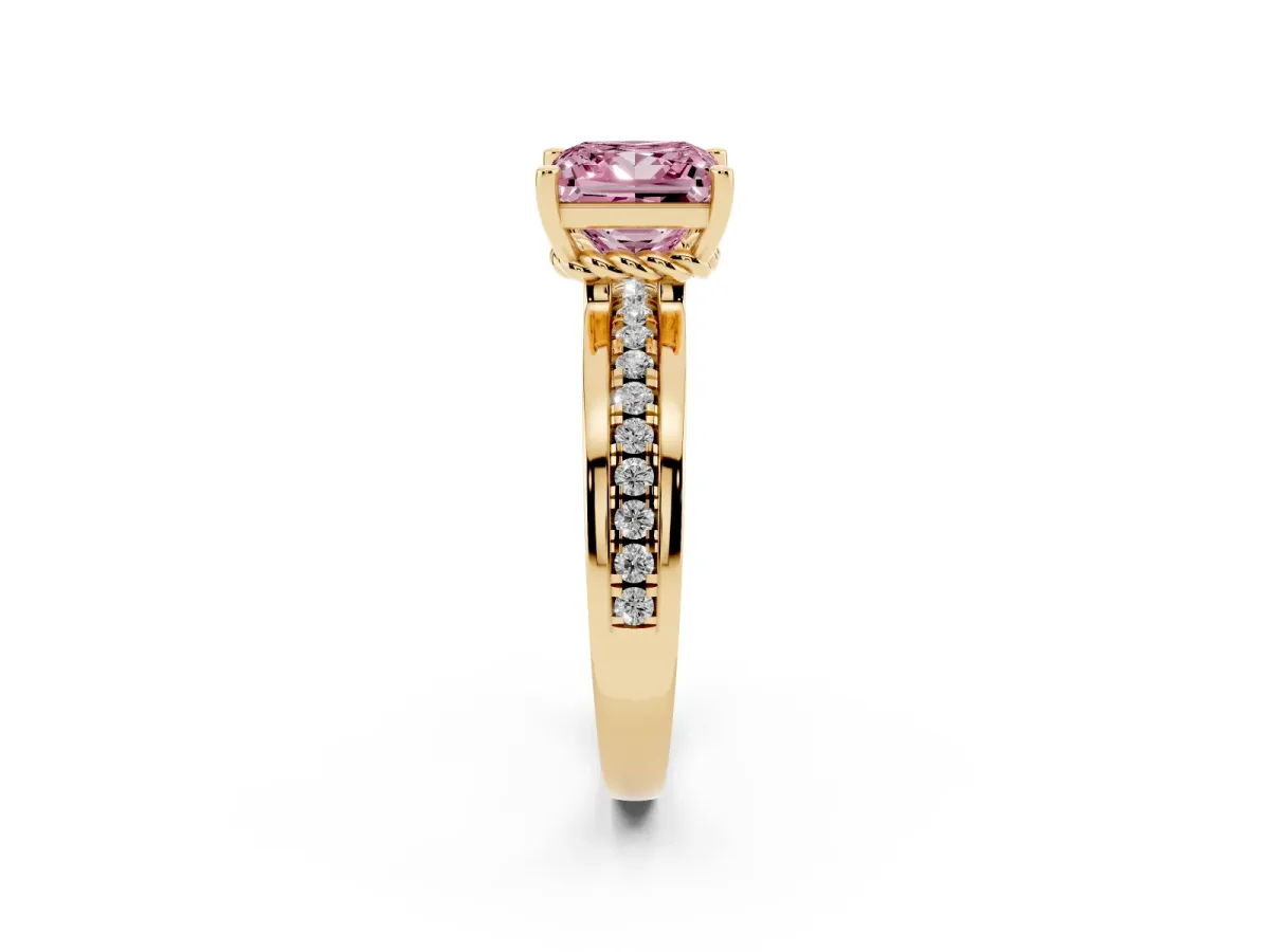 Fancy Pink Princess Cut Solitaire Diamond Ring with Channel Set Band and Six-Prong Setting Yellow gold