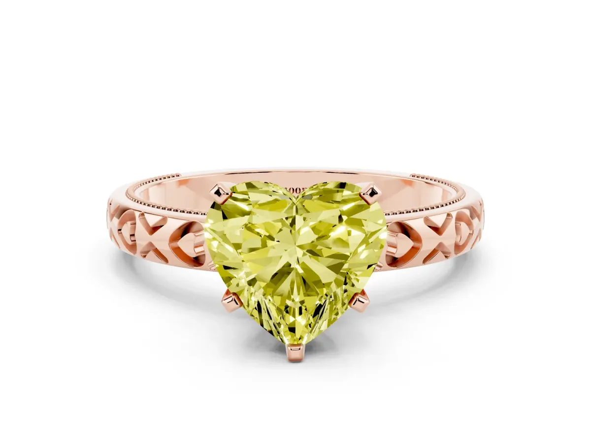 Fancy Yellow Heart Cut Solitaire Diamond Engagement Ring with XO Engraved Band and Four-Prong Setting Rose gold