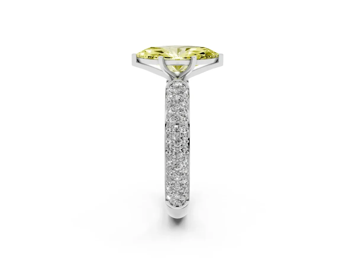 Fancy Yellow Marquise Cut Diamond Solitaire Ring with Prong Setting and Pavé Band Silver