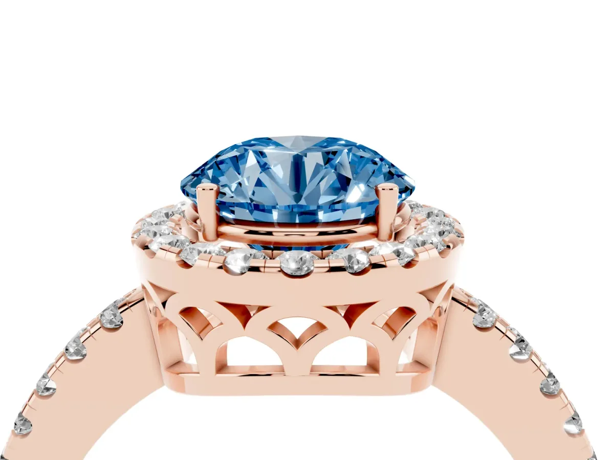 Fancy Blue Round Cut Halo Diamond Engagement Ring with Pavé Band and Four-Prong Setting Rose gold