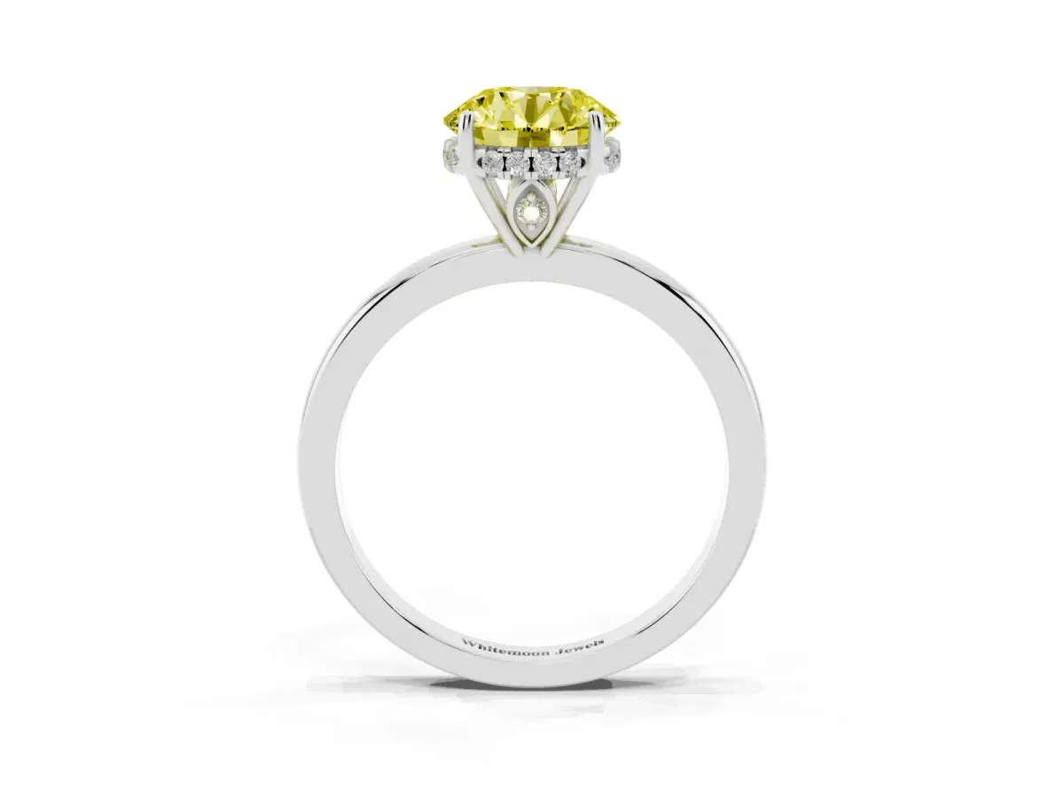 Fancy Yellow Round Cut Solitaire Diamond Ring with Prong Setting and Plain Band Silver