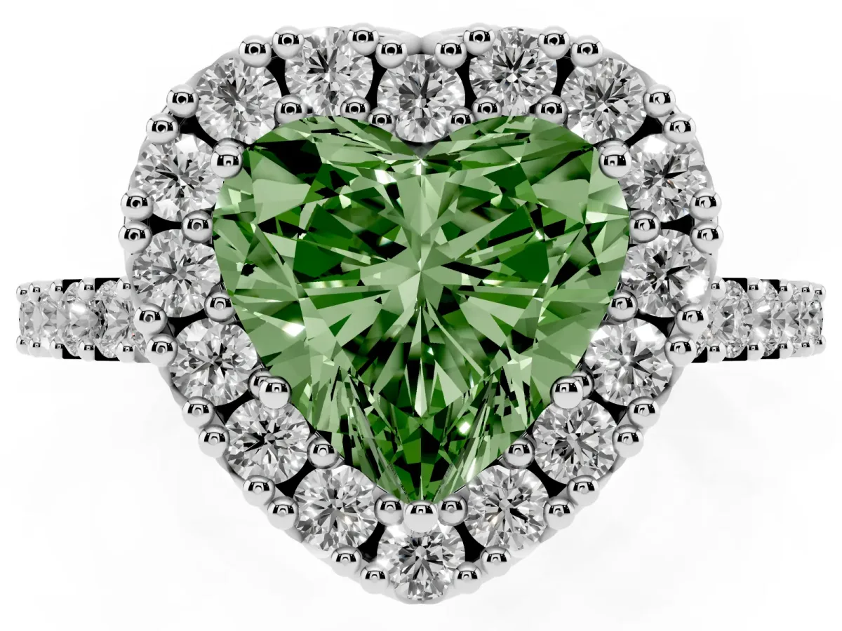 Fancy Green Heart Cut Halo Diamond Pavé Solitaire Ring Silver