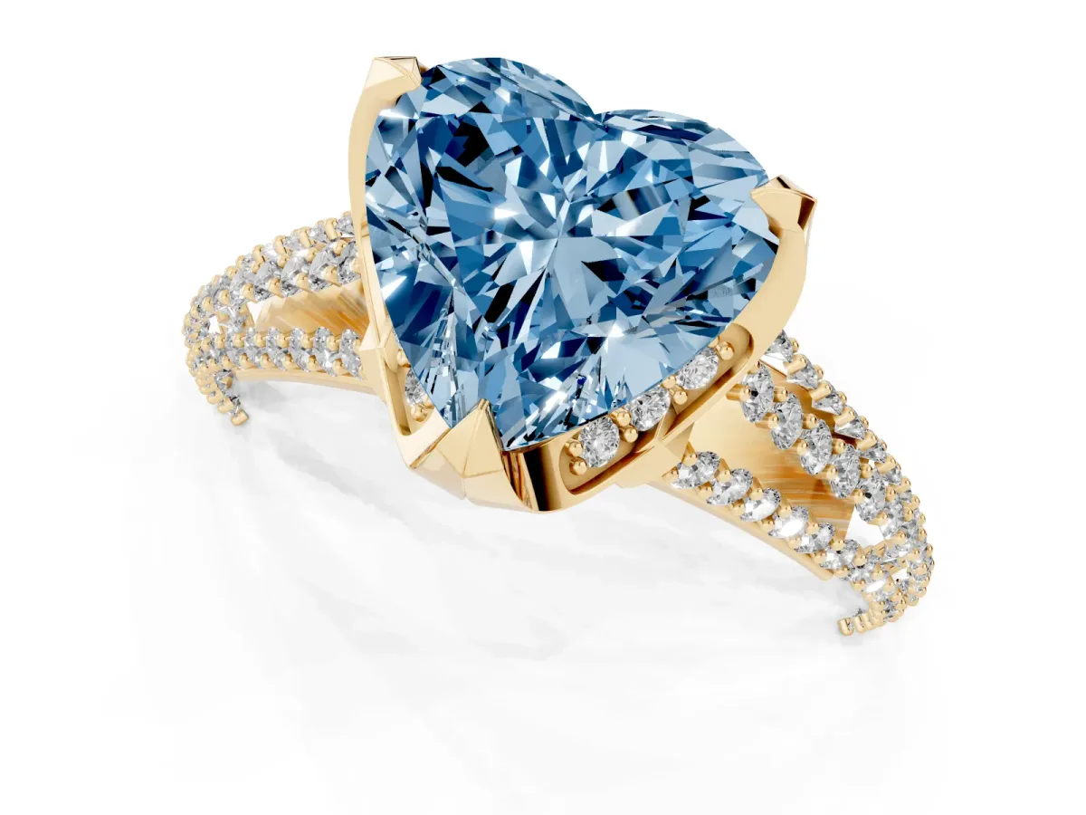 Fancy Blue Heart Cut Solitaire Pave Split Shank Ring with Four-Prong Setting Yellow gold